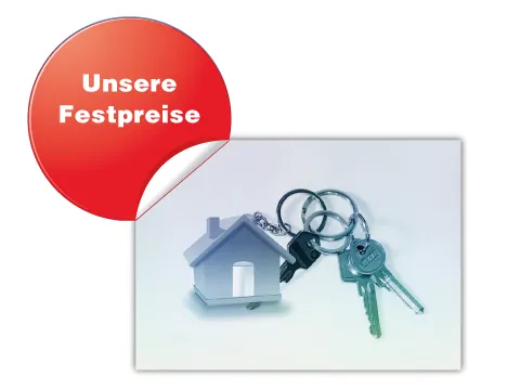 Preise Schlüsseldienst Mannheim Unsere Festpreise: Hausschlüssel am Schlüsselring vor einem Haussymbol
